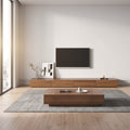 Modern living room with wooden TV stand and coffee table, featuring a television mounted on the wall.