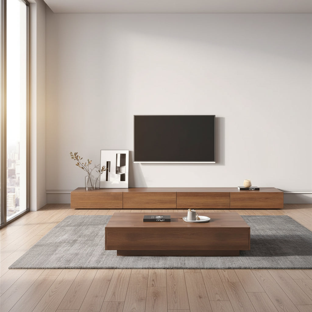 Modern living room with wooden TV stand and coffee table, featuring a television mounted on the wall.