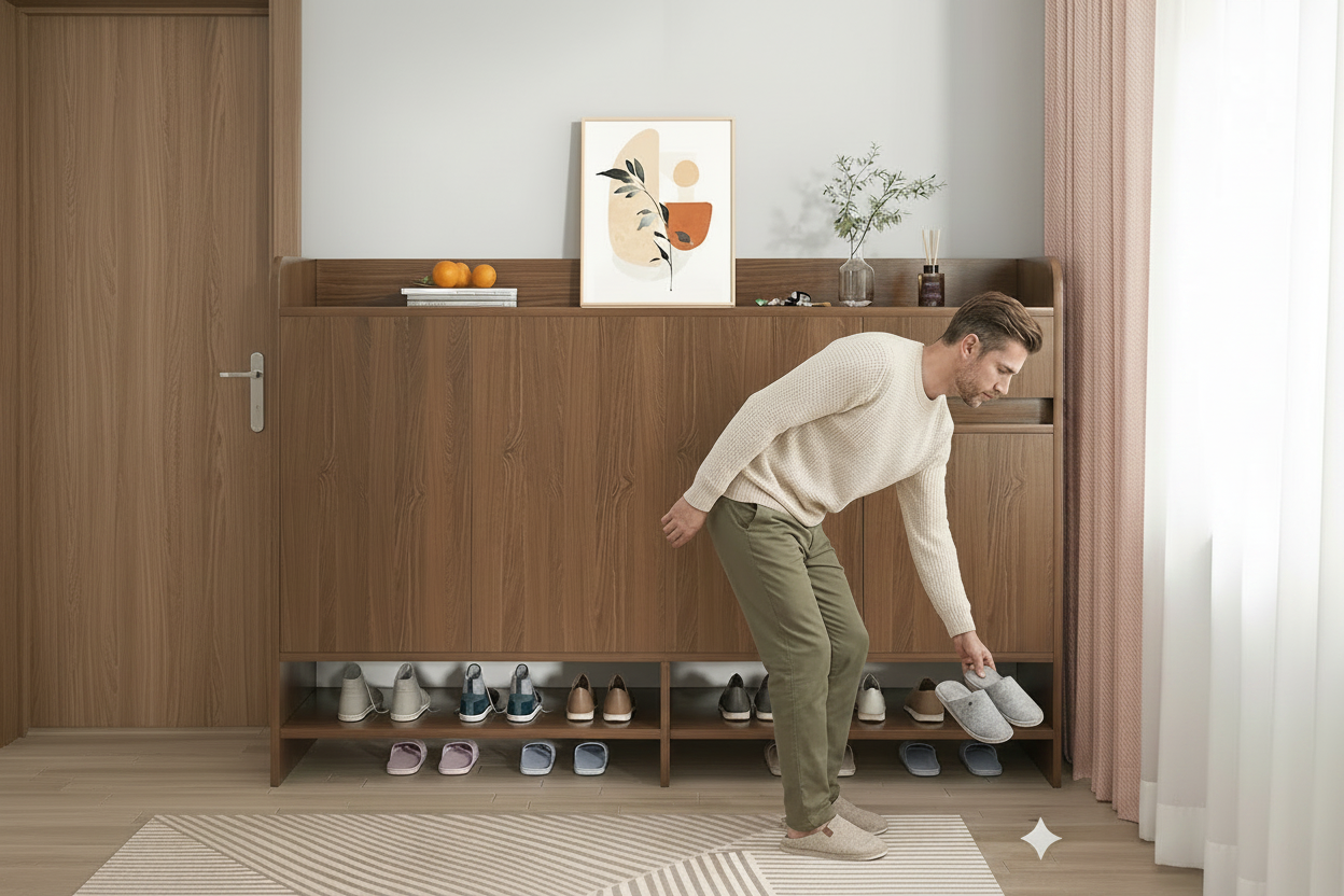 Man organizing shoes in a wooden shoe cabinet with a decorative wall art piece above.